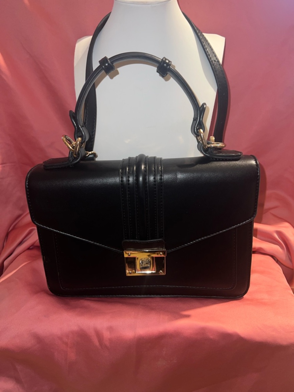 Classic Black Leather Top-Handle Satchel with Gold Hardware